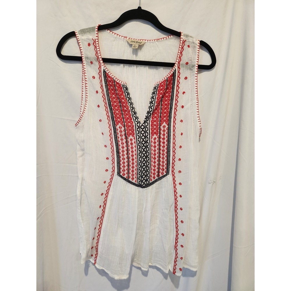 Lucky Brand White Red Embroidered Boho Gauze Tank Top Sleeveless Blouse Large